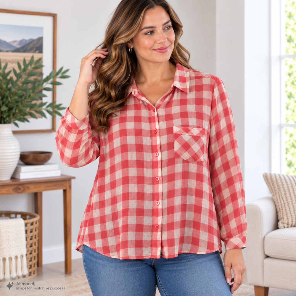 Free People Shirt Womens Medium Plaid Sheer Button Front Long Sleeve Top Blouse